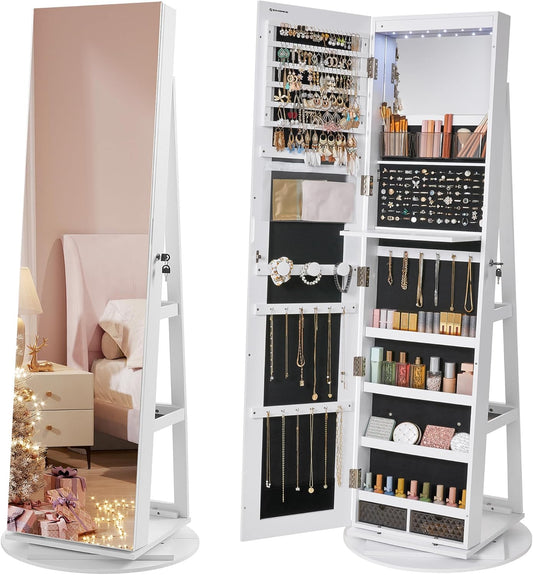 Armoire à bijoux organisatrice 3 en 1 avec miroir pleine longueur rotatif à 360° et éclairage LED