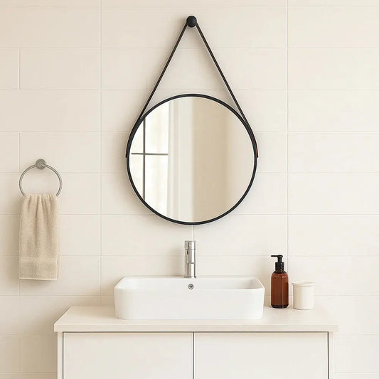 Miroir Adnet rond avec sangle en cuir et support - Décoratif Premium