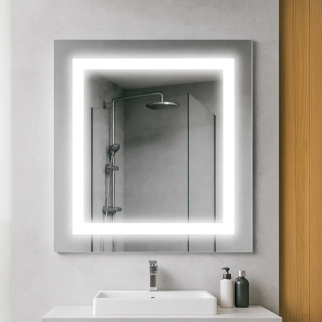 Miroir carré avec cadre sablé et rétroéclairage LED Premium